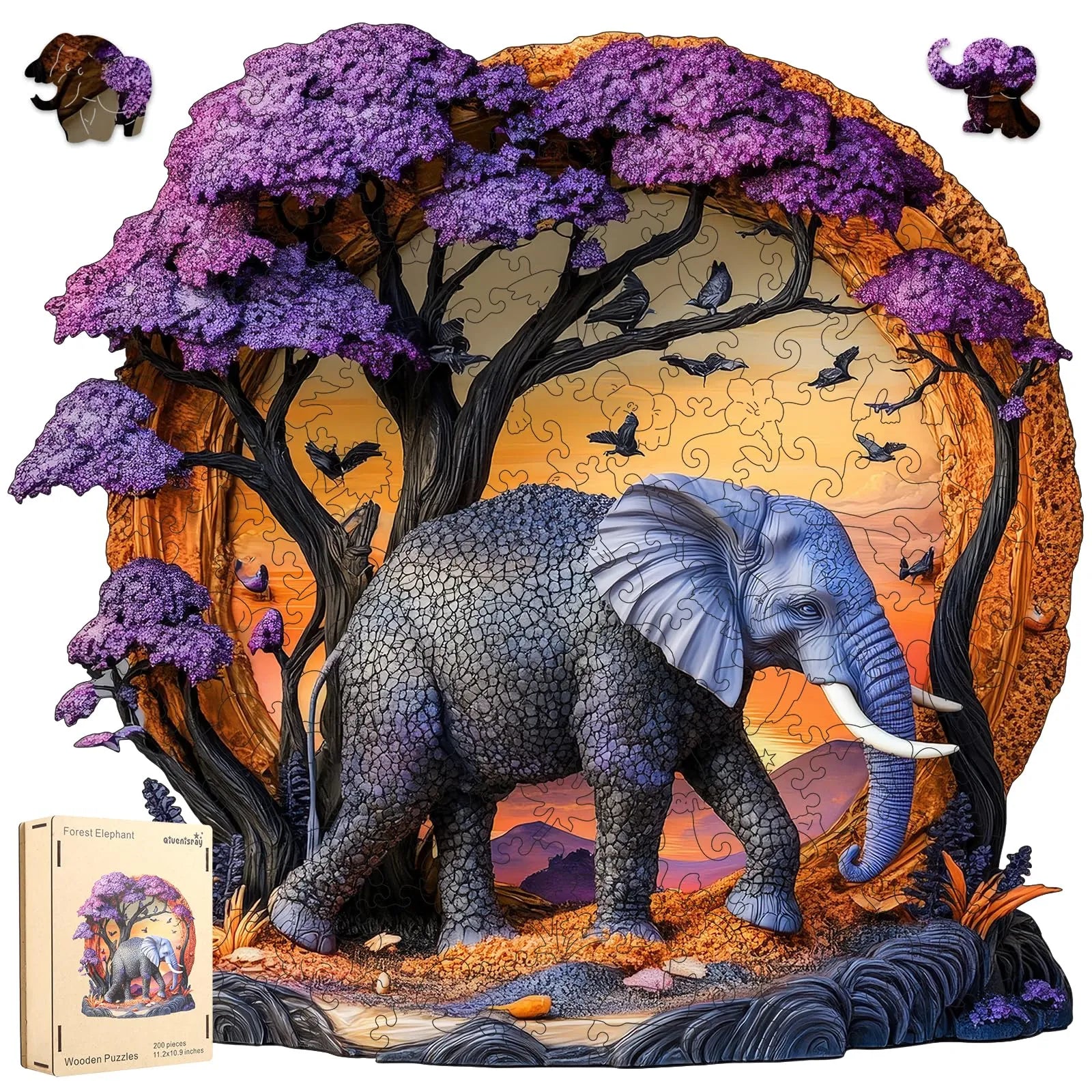 Elephant forest wooden jigsaw puzzle for adults with unique shaped pieces