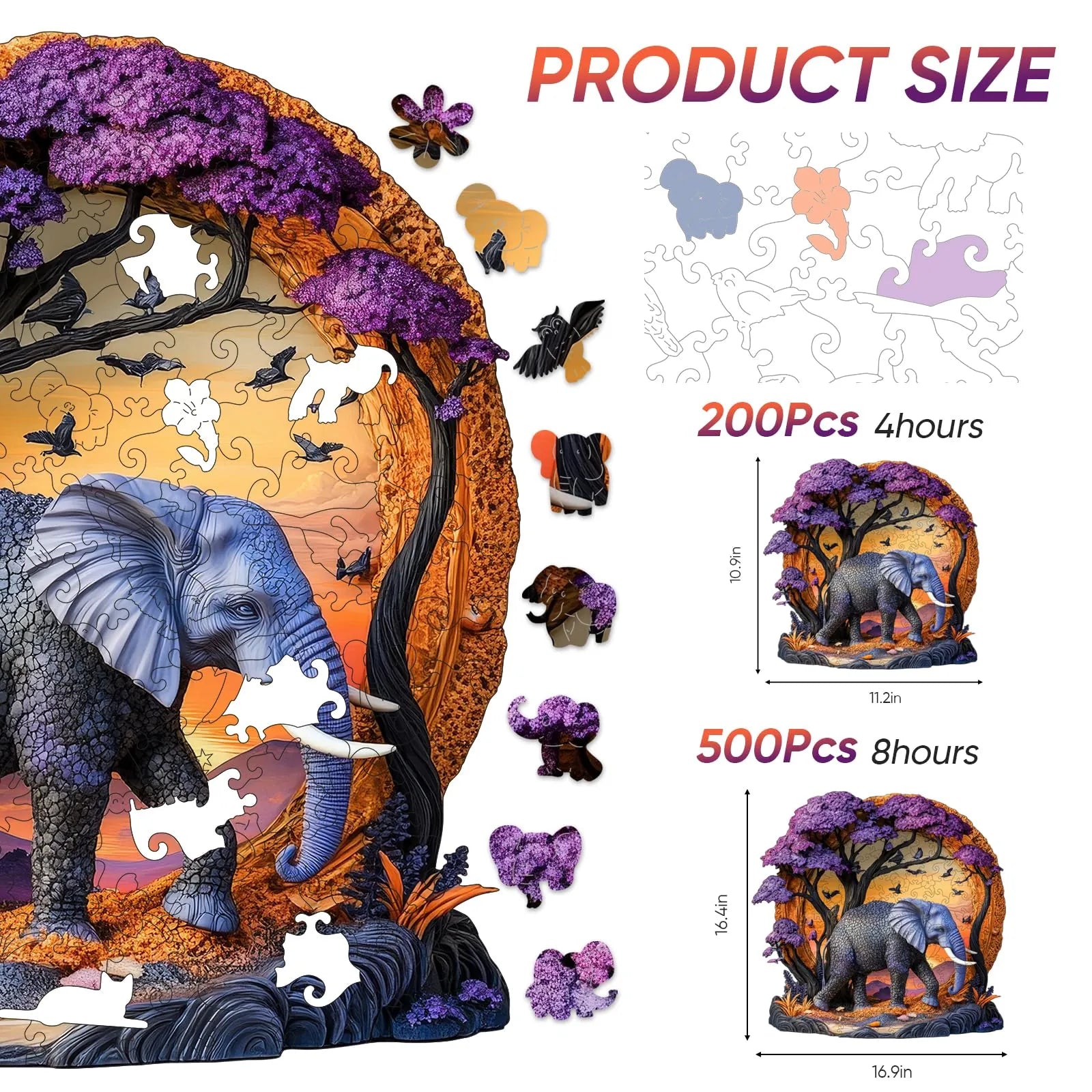 Elephant forest wooden puzzle with laser-cut wood pieces