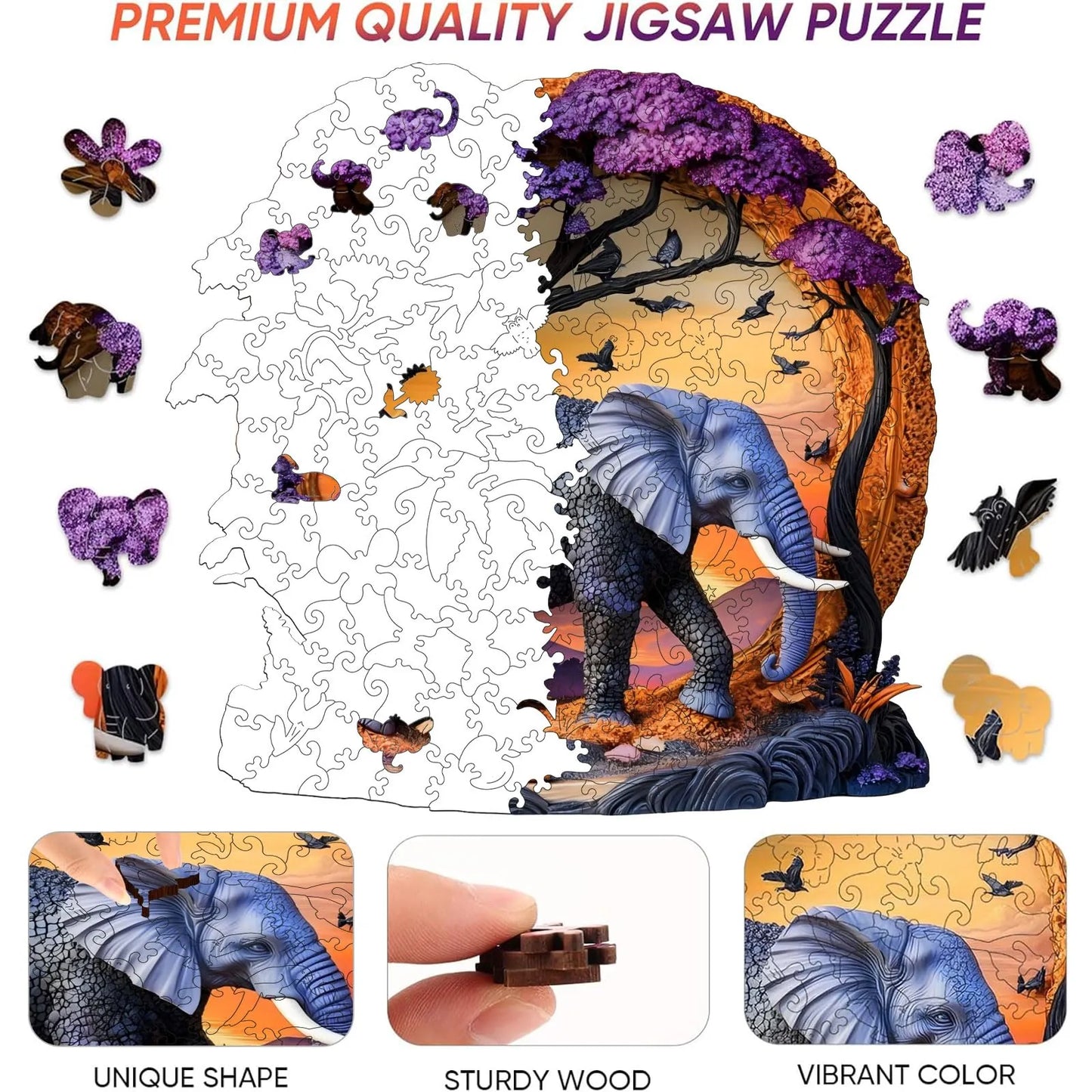 Whimsical wooden jigsaw puzzle – elephant forest design