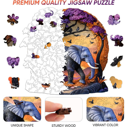 Whimsical wooden jigsaw puzzle – elephant forest design