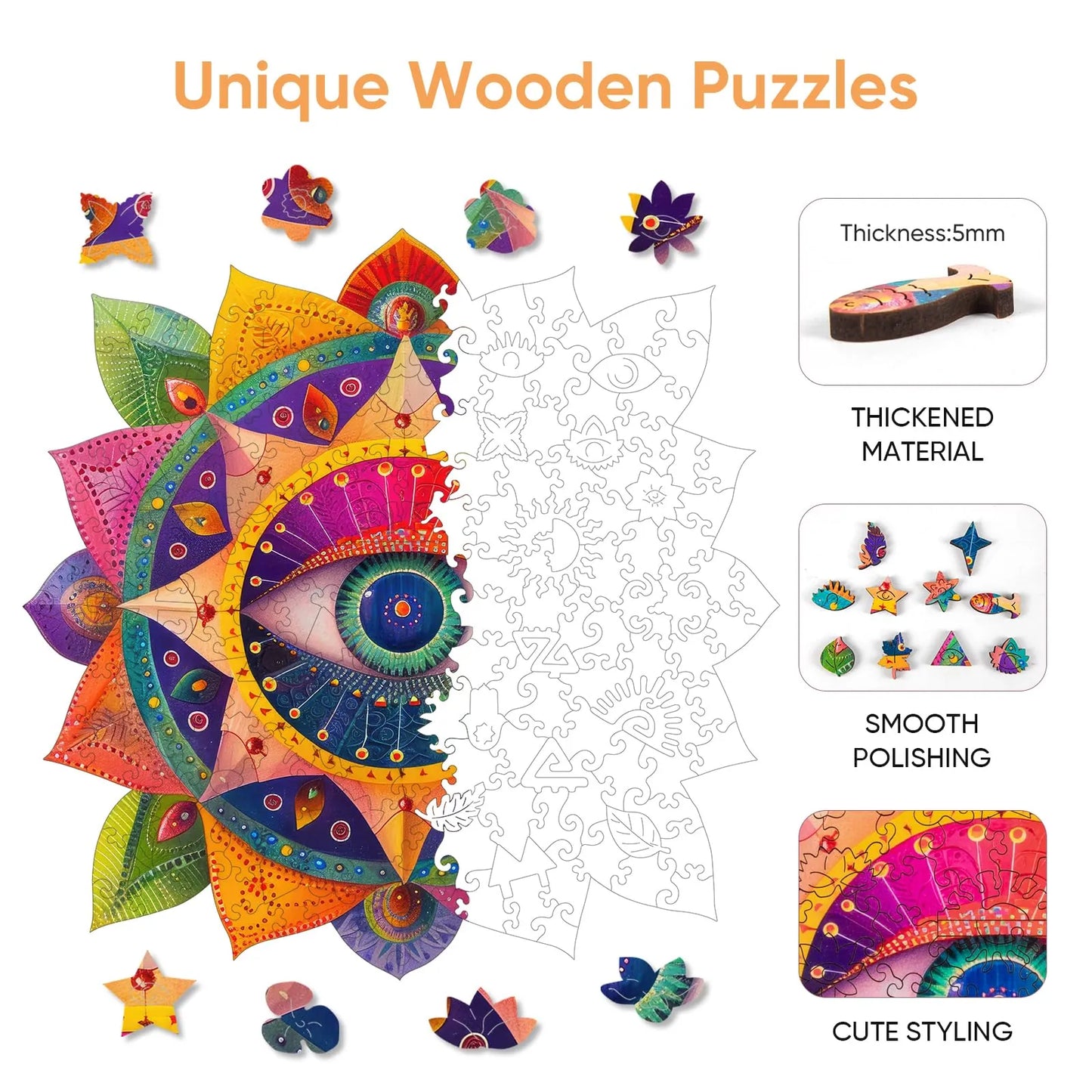 Evil Eye wooden puzzle with laser-cut wood pieces