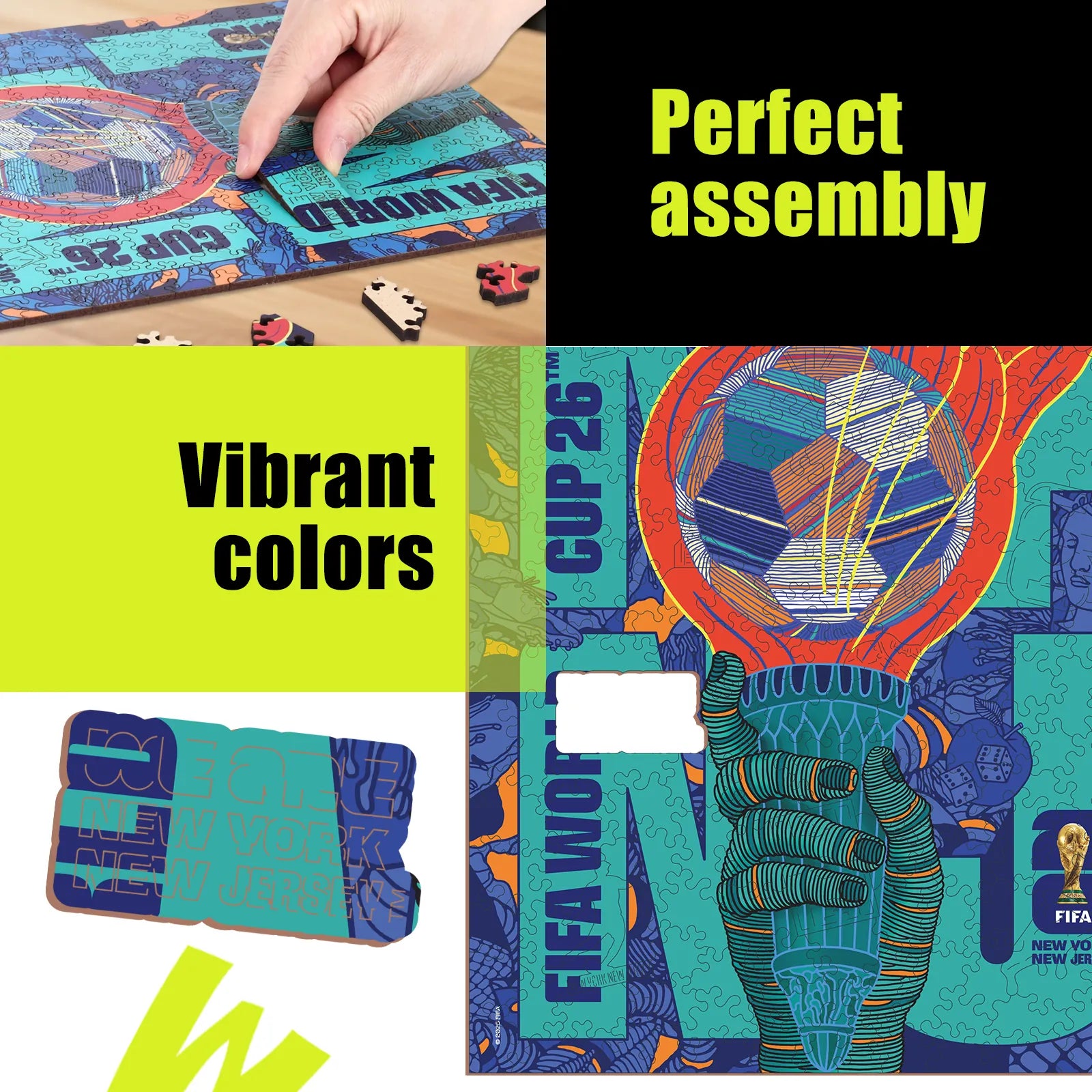 FIFA World Cup 2026 NYC NJ wooden puzzle with laser-cut pieces
