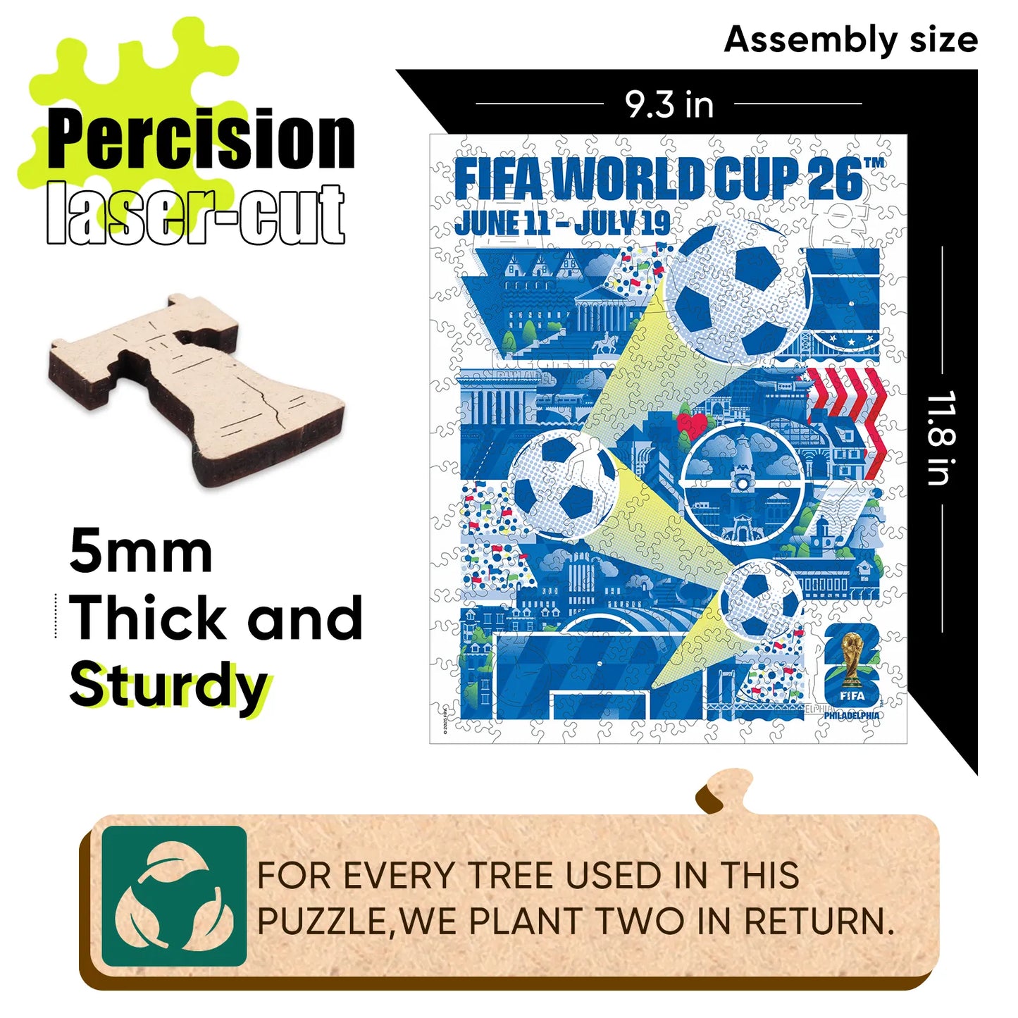 FIFA World Cup 2026 Philadelphia wooden puzzle with laser-cut pieces