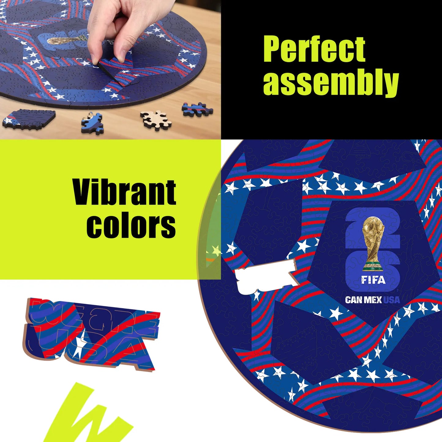 FIFA World Cup 2026 USA ball wooden puzzle with laser-cut pieces