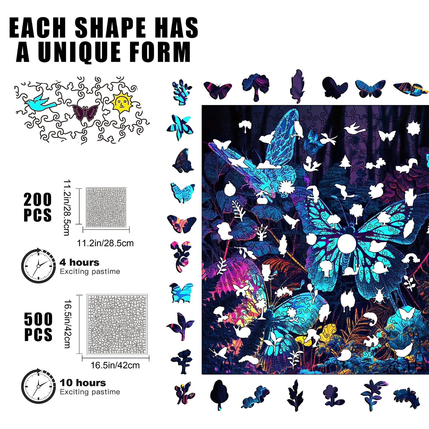 Fluorescent Butterfly II wooden puzzle with laser-cut wood pieces