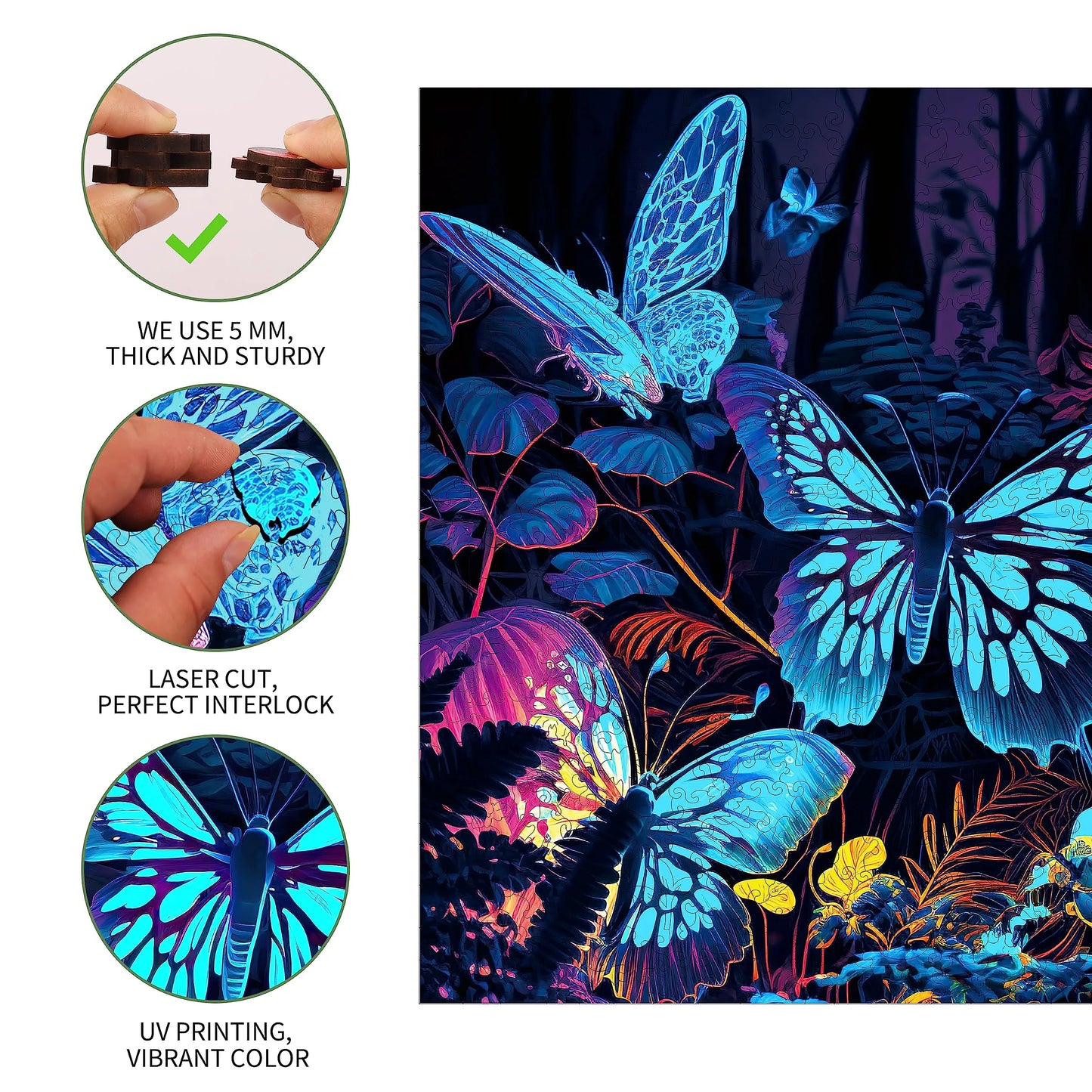 Wooden jigsaw puzzle gift – fluorescent butterfly design