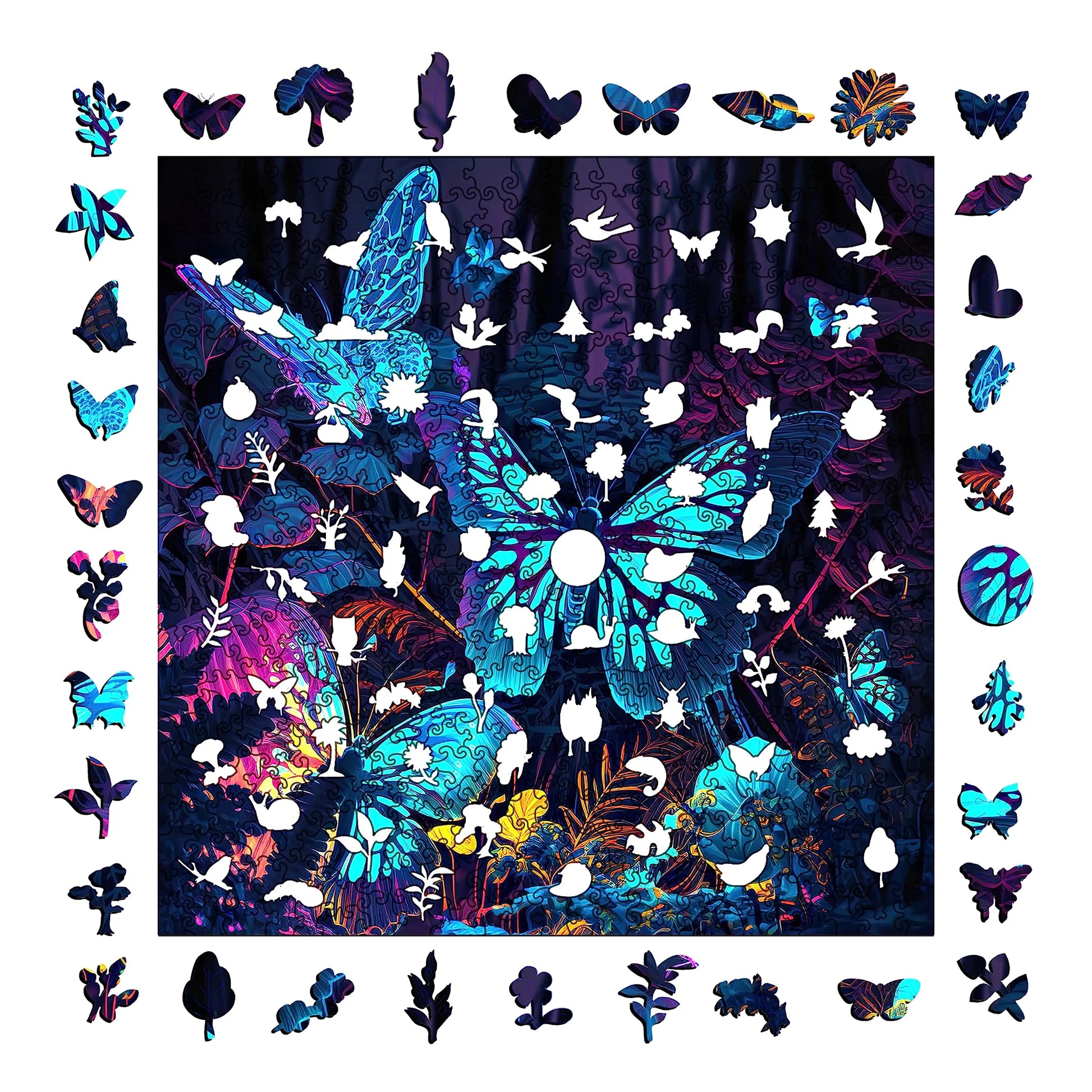 Whimsical wooden jigsaw puzzle – Fluorescent Butterfly II design