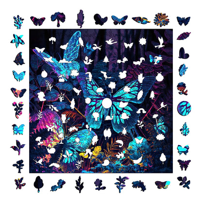 Whimsical wooden jigsaw puzzle – Fluorescent Butterfly II design