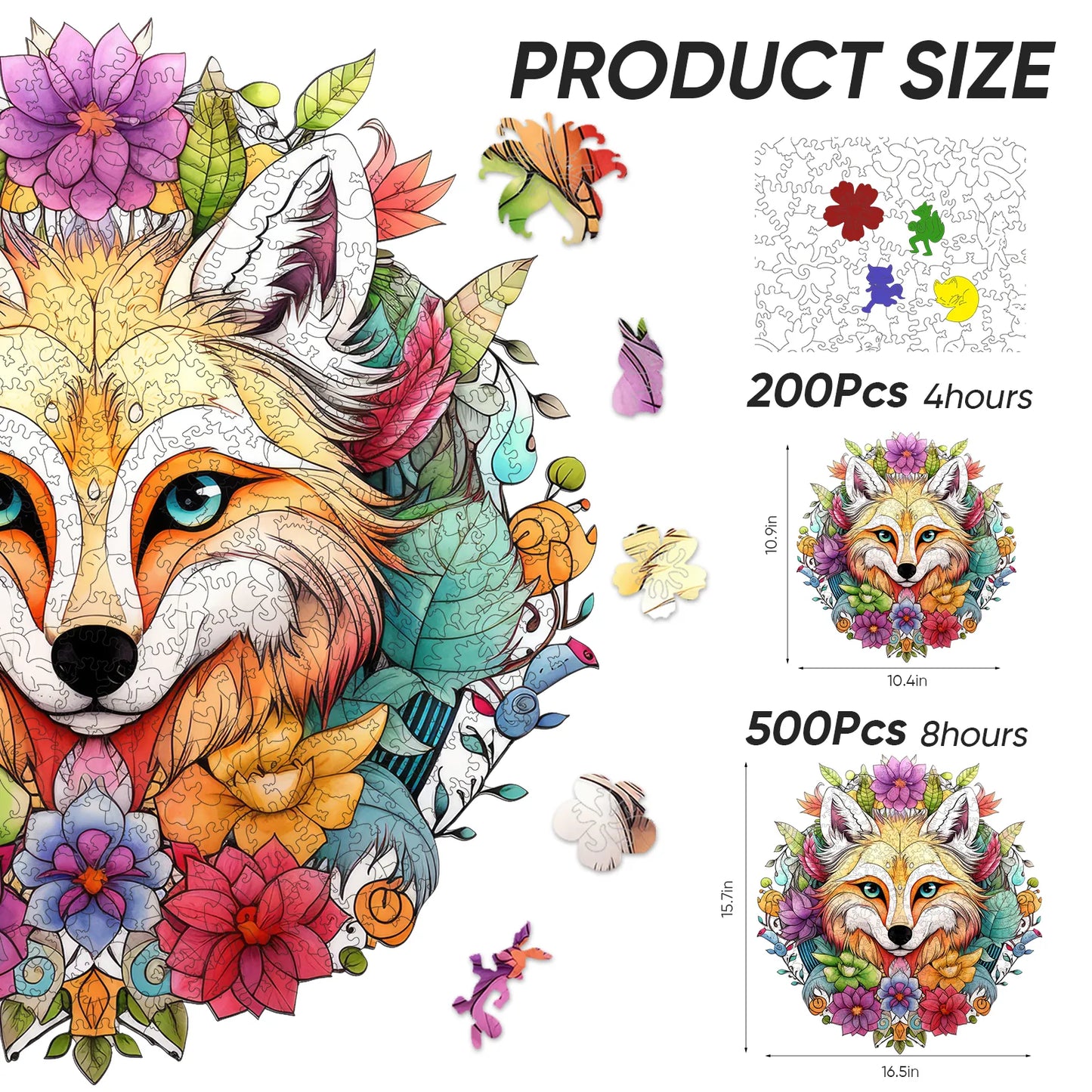 Fox wooden puzzle with laser-cut wood pieces
