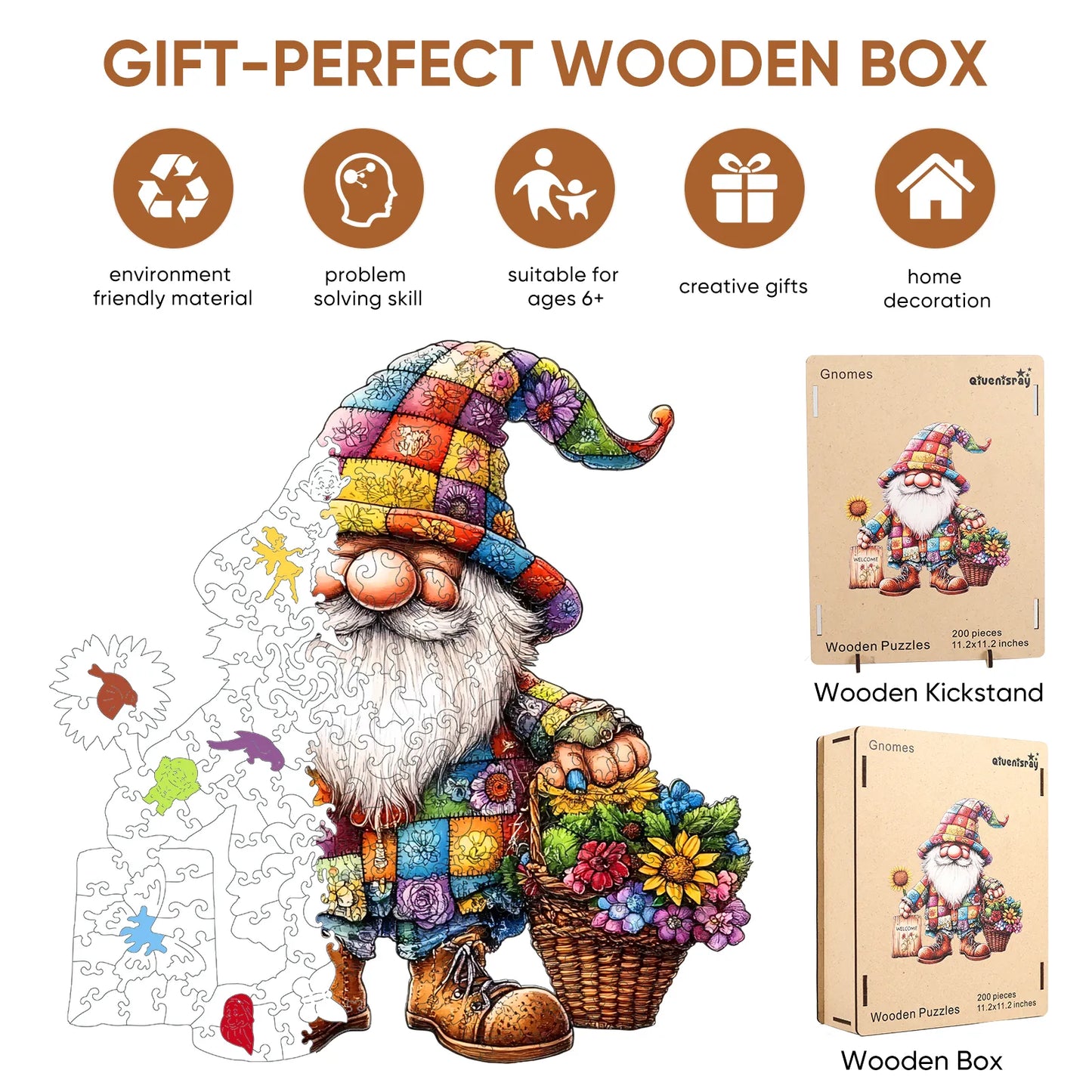 Gnomes wooden puzzle with laser-cut wood pieces