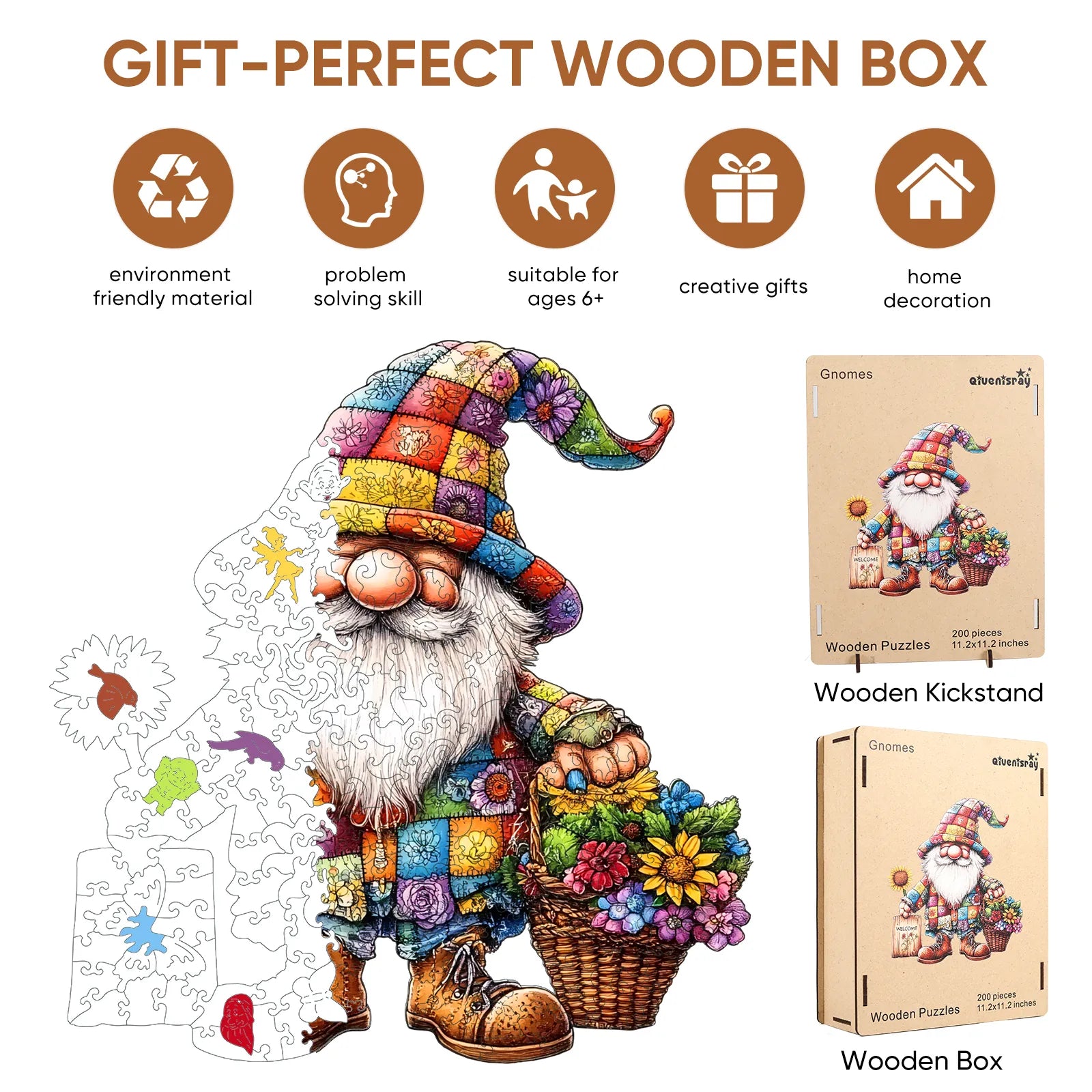 Gnomes wooden puzzle with laser-cut wood pieces