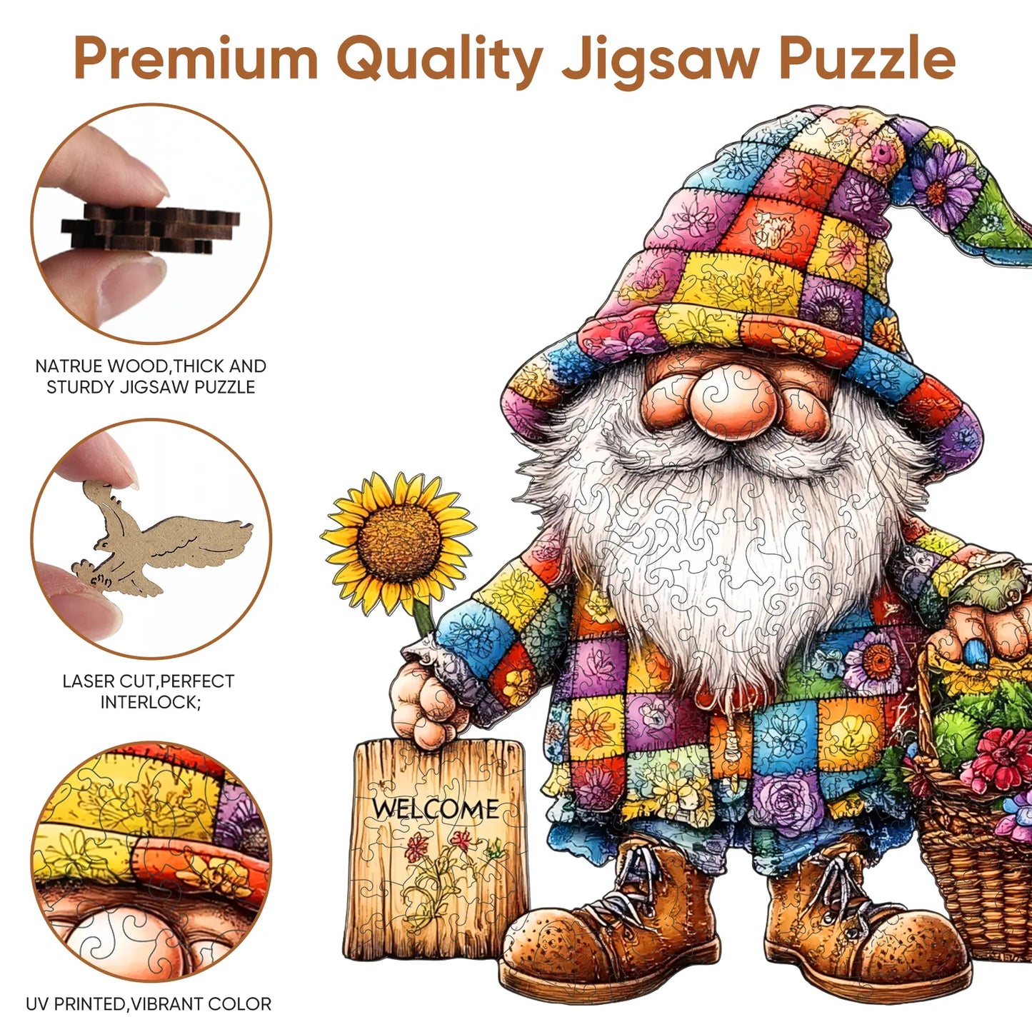 Wooden jigsaw puzzle gift – gnomes fantasy design