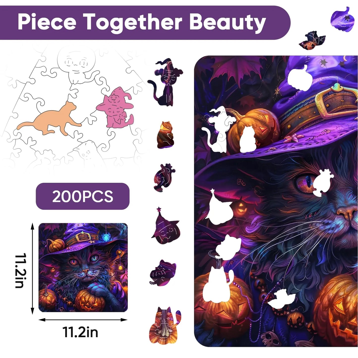 Whimsical wooden jigsaw puzzle – Halloween cat design
