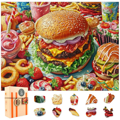 Hamburger wooden jigsaw puzzle for adults with unique shaped pieces