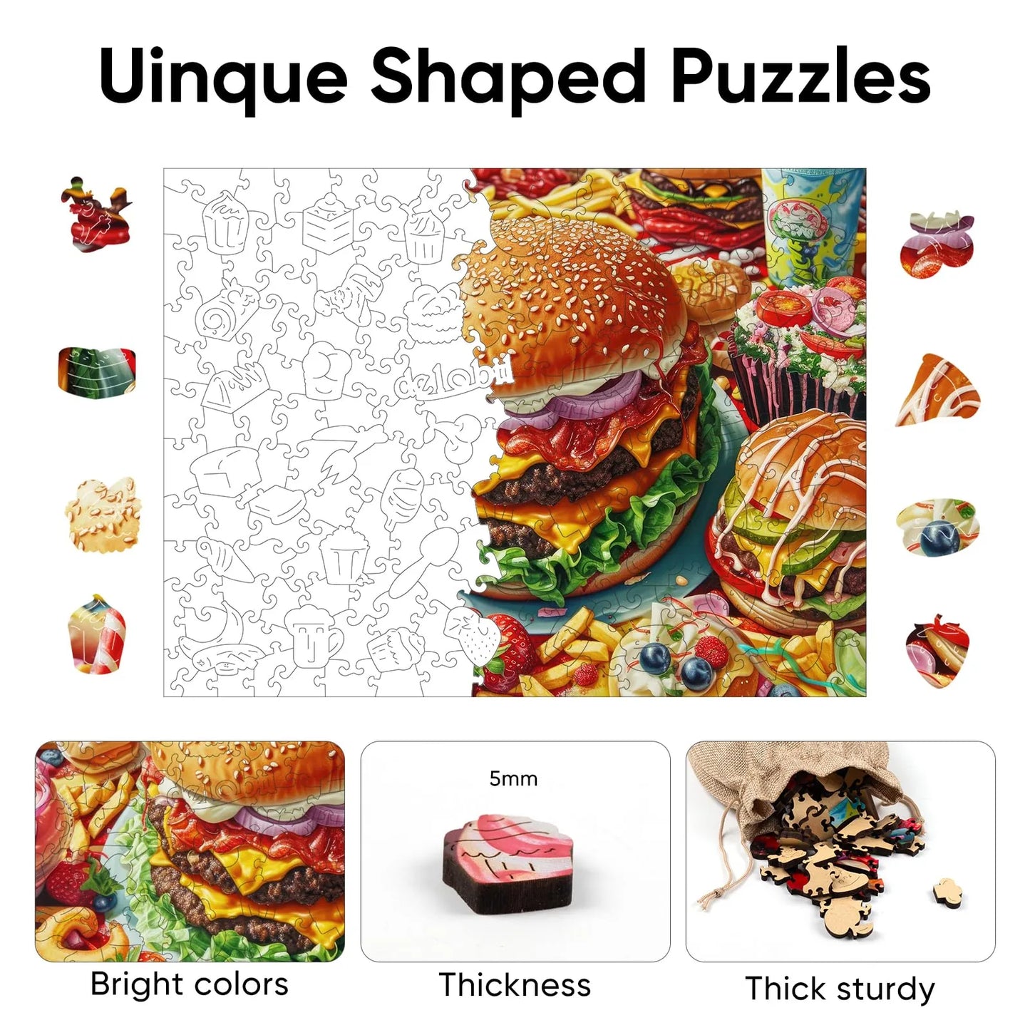 Hamburger wooden puzzle with laser-cut wood pieces