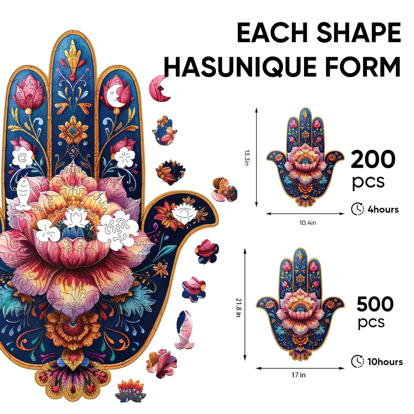 Whimsical wooden jigsaw puzzle – hamsa hand design