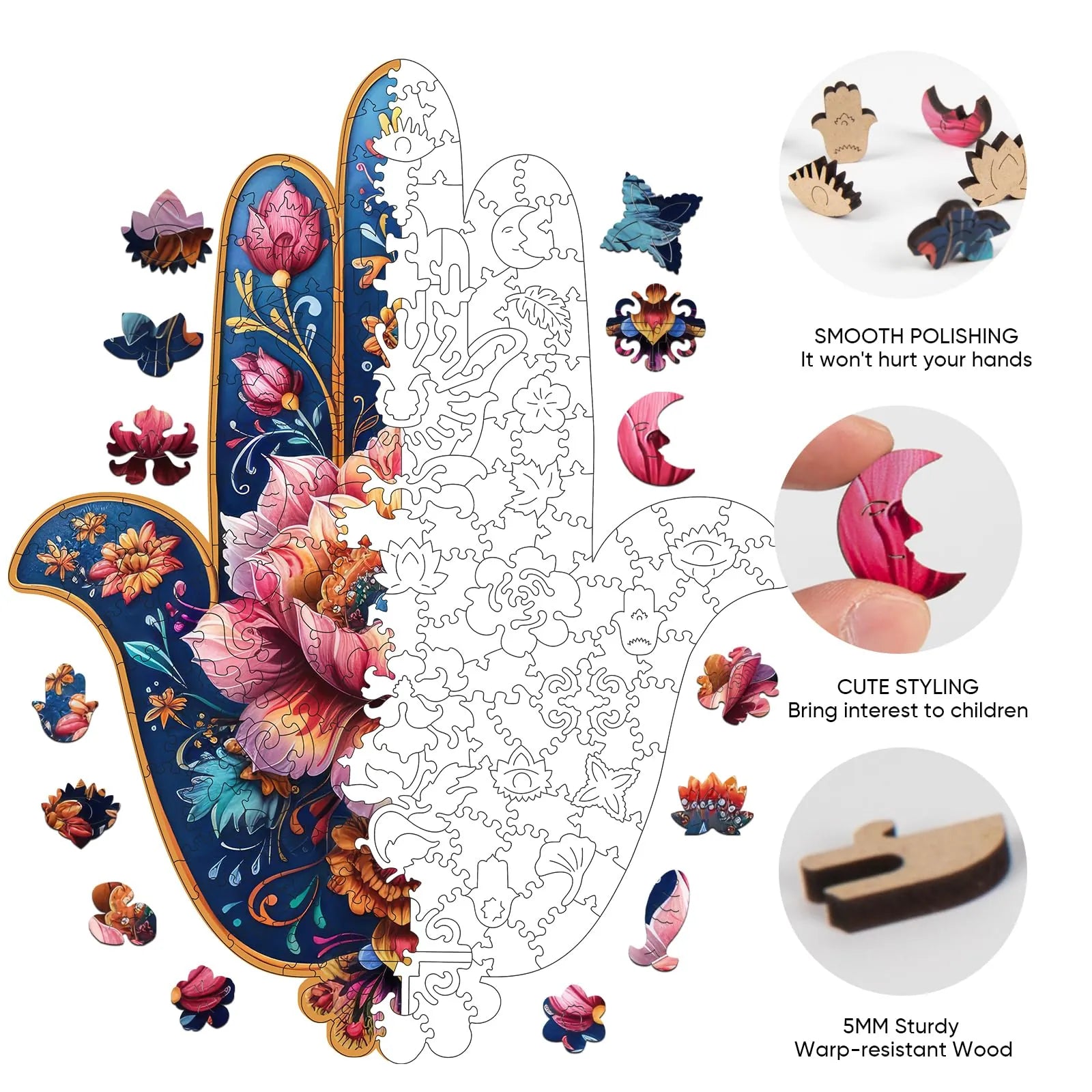 Wooden jigsaw puzzle gift – hamsa hand symbolic design