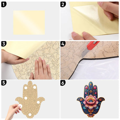 Hamsa hand wooden puzzle with laser-cut wood pieces