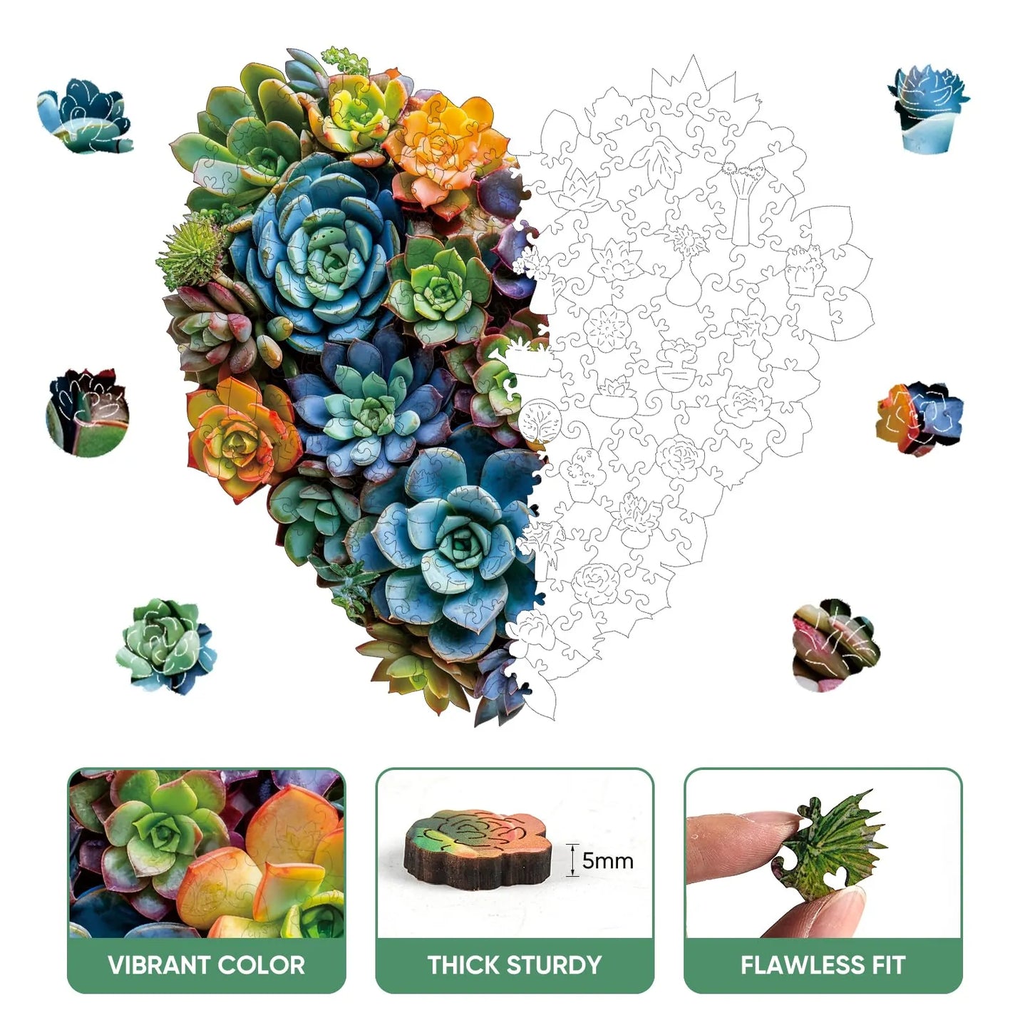 Whimsical wooden jigsaw puzzle – heart-shaped succulent design
