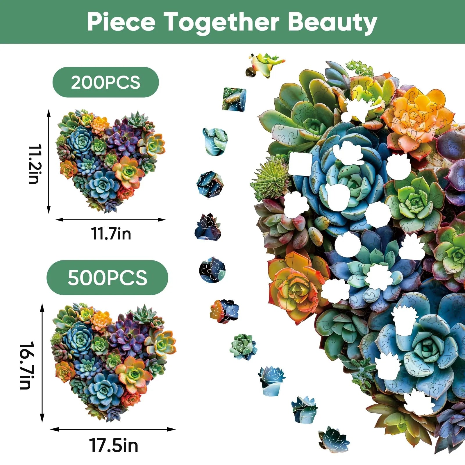 Heart succulent wooden puzzle with laser-cut wood pieces