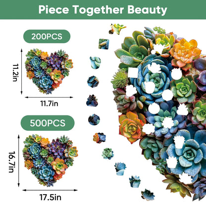 Heart succulent wooden puzzle with laser-cut wood pieces