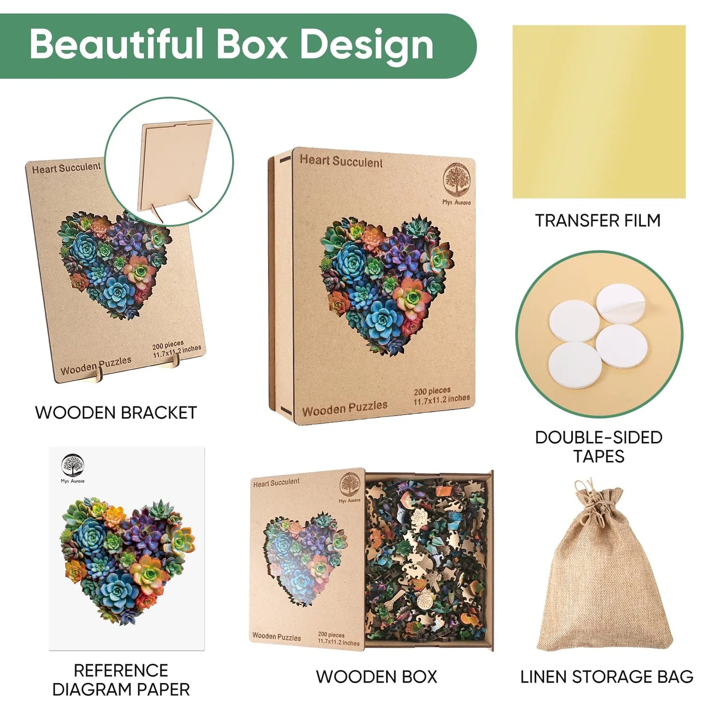 Wooden jigsaw puzzle gift – heart succulent botanical design