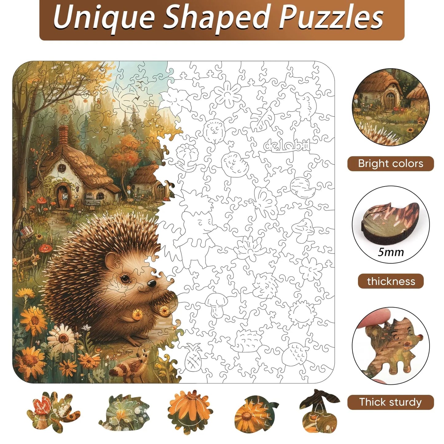 Whimsical wooden jigsaw puzzle – cozy hedgehog design