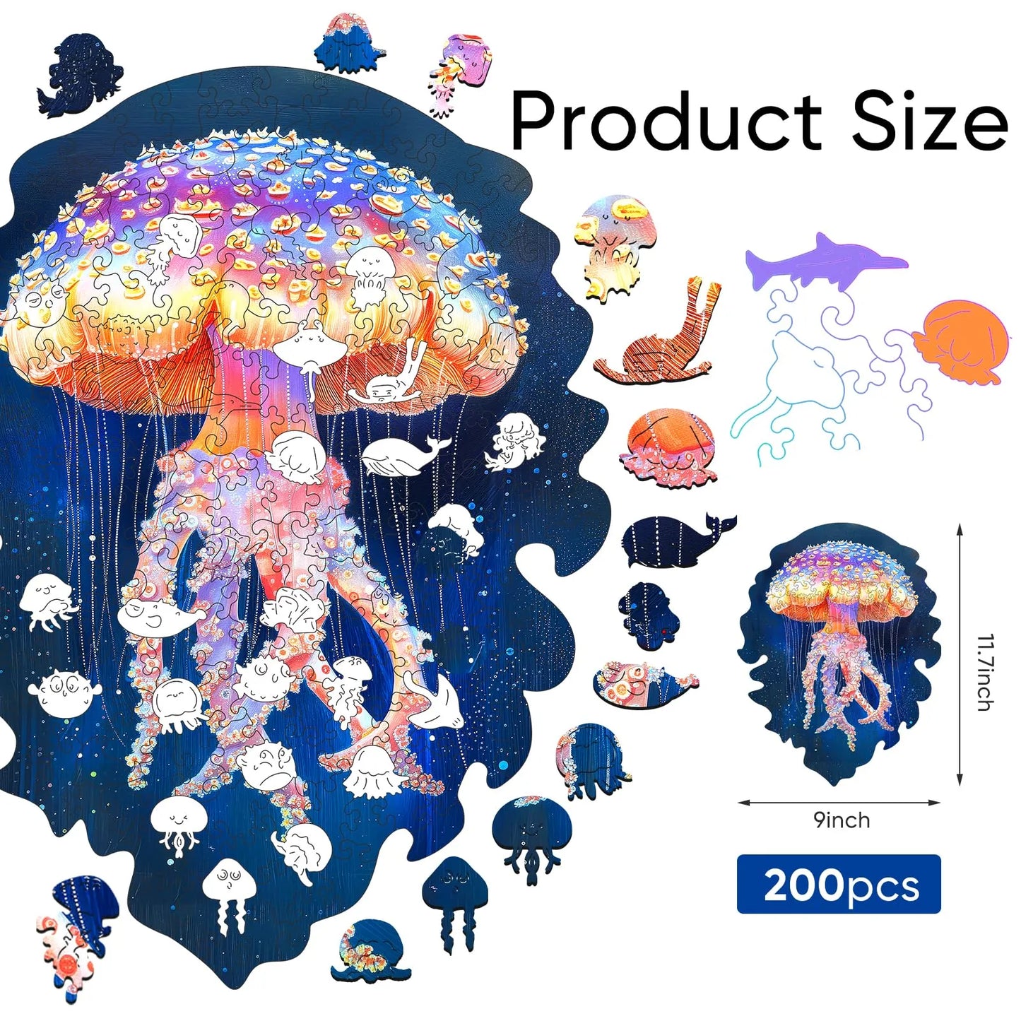 Whimsical wooden jigsaw puzzle – glowing jellyfish design