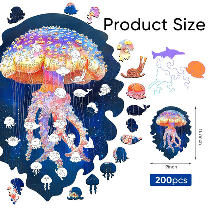 Whimsical wooden jigsaw puzzle – glowing jellyfish design