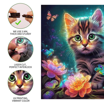 Kitten wooden puzzle with laser-cut wood pieces