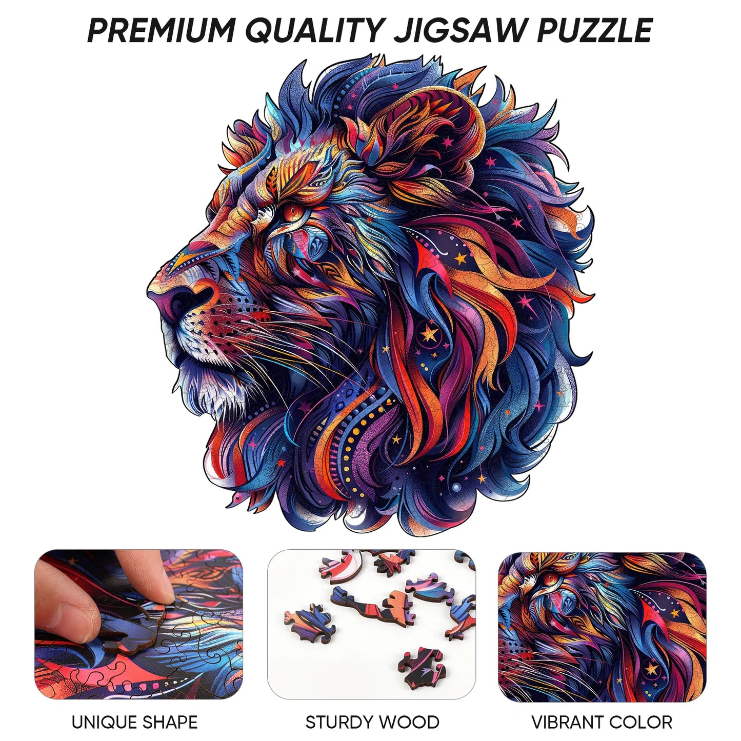 Whimsical wooden jigsaw puzzle – regal lion portrait design