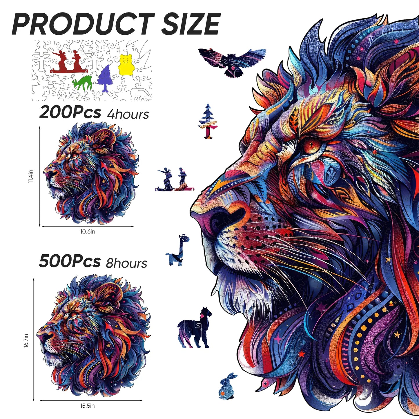 Lion II wooden puzzle with laser-cut wood pieces