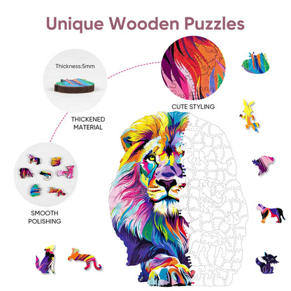 Lion wooden puzzle with laser-cut wood pieces