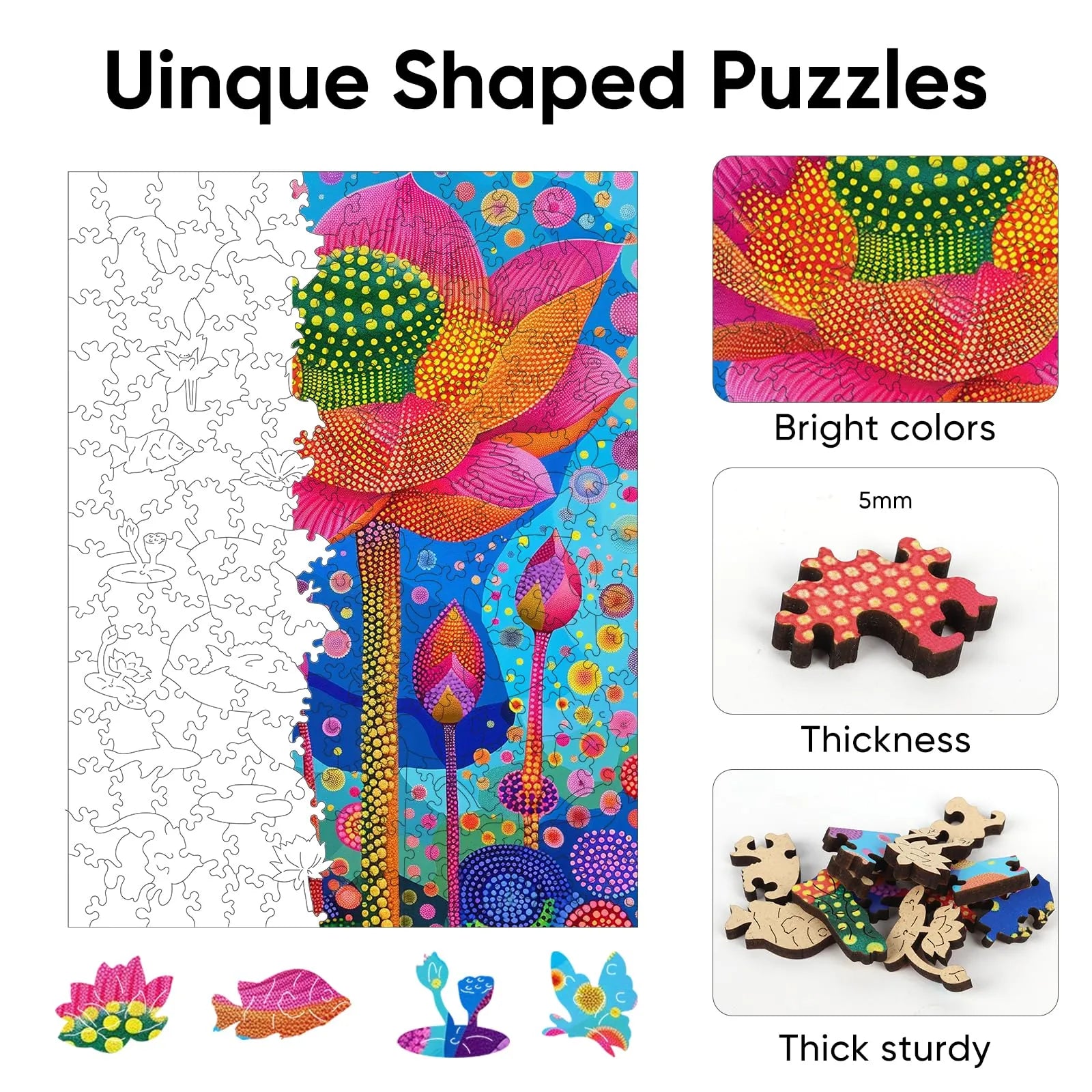 Whimsical wooden jigsaw puzzle – serene lotus design