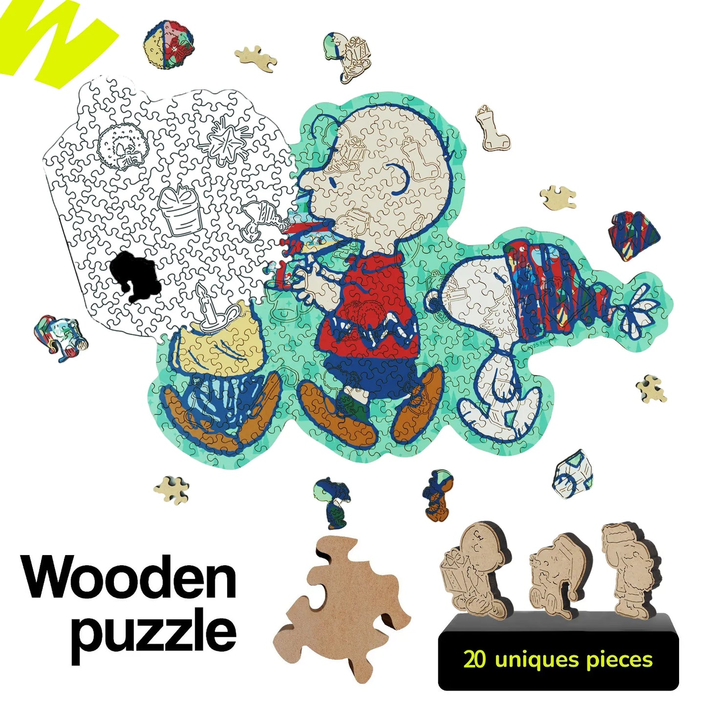 Snoopy Merry Unwrapping wooden puzzle with laser-cut wood pieces