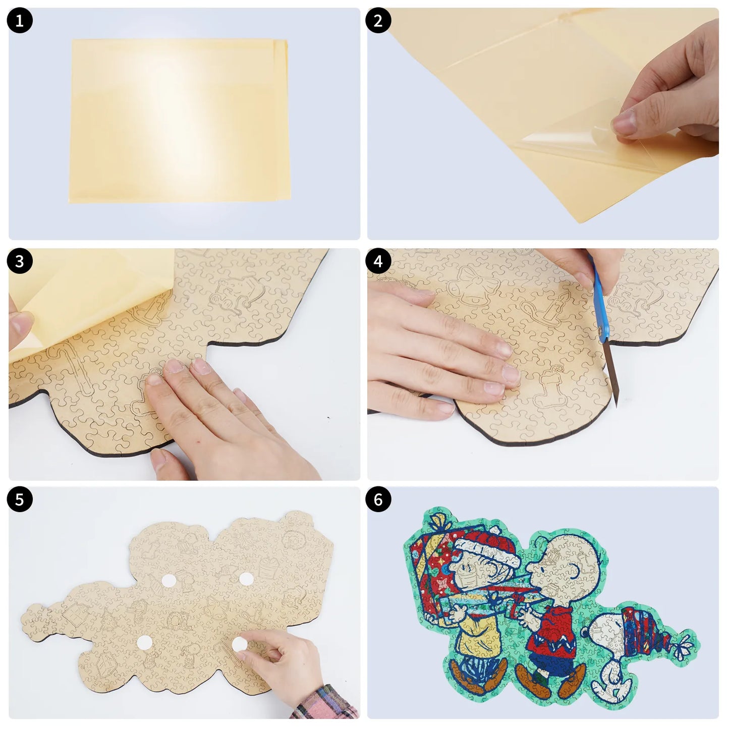Snoopy Merry Unwrapping wooden jigsaw puzzle packaging view