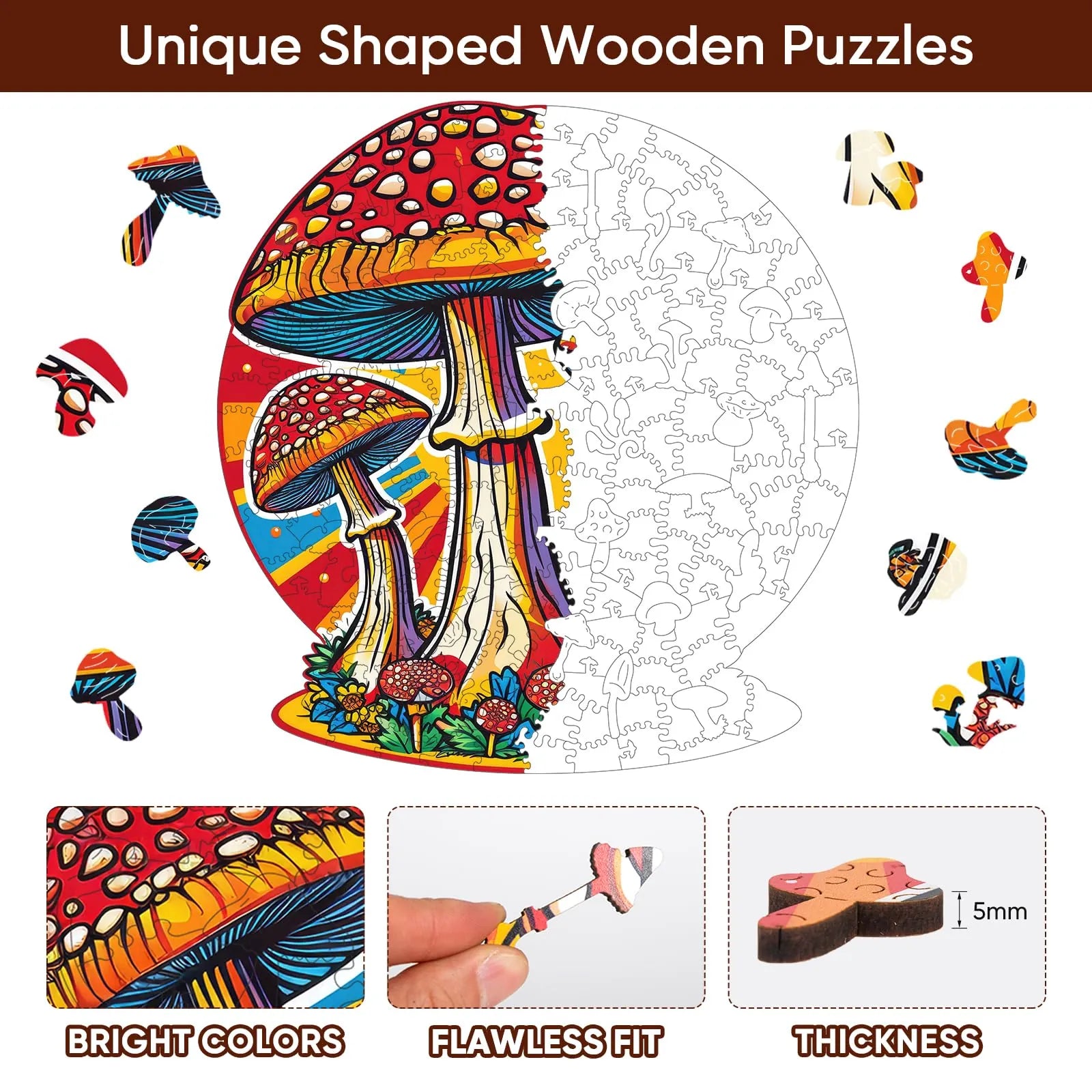 Whimsical wooden jigsaw puzzle – enchanted mushroom design