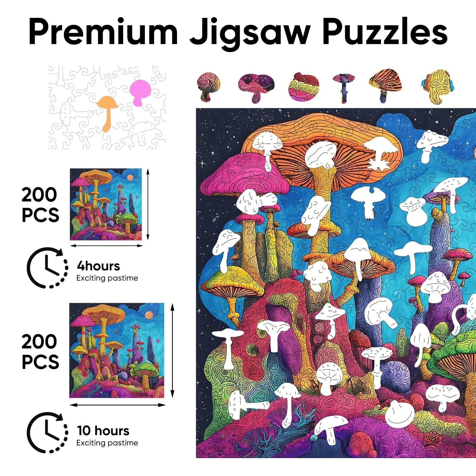 Whimsical wooden jigsaw puzzle – mushrooms forest design