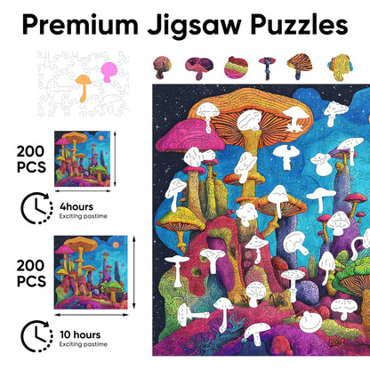 Whimsical wooden jigsaw puzzle – mushrooms forest design