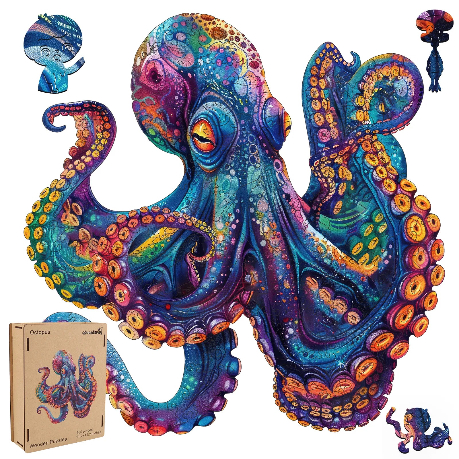 Octopus III wooden jigsaw puzzle for adults with unique shaped pieces