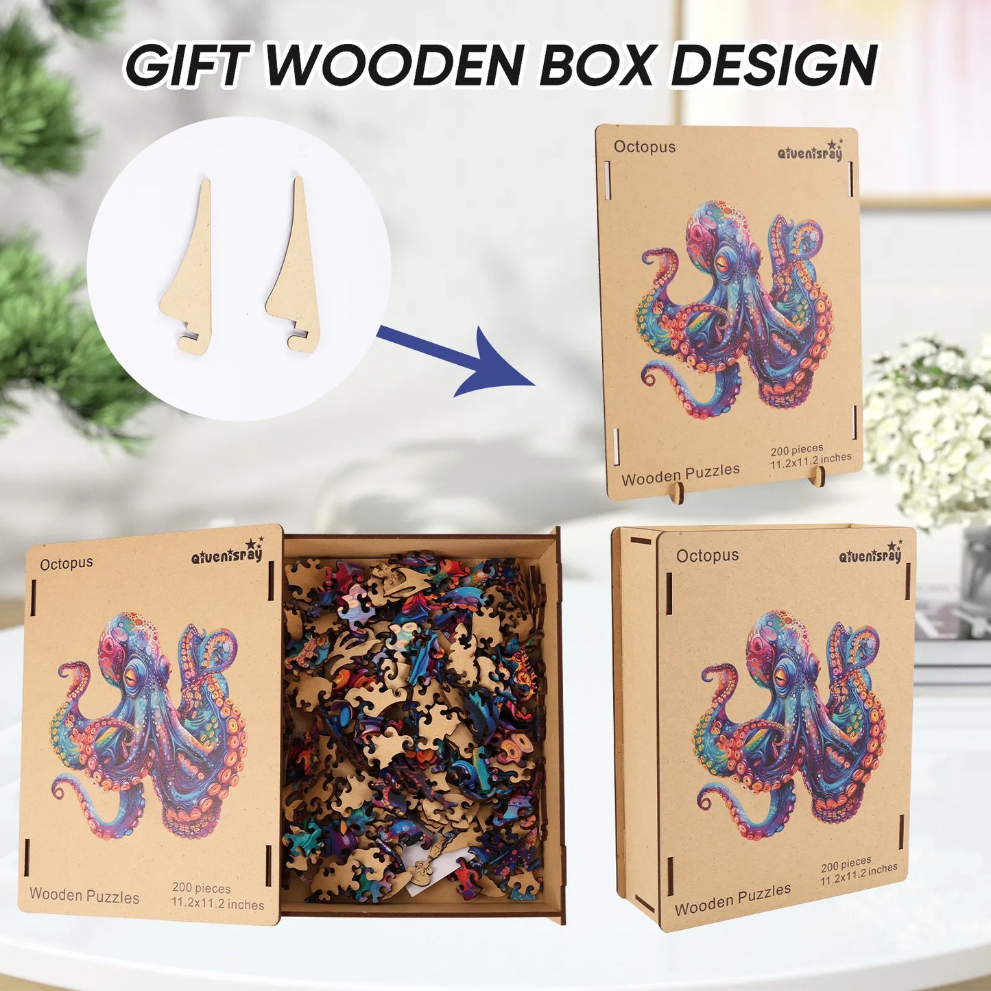 Whimsical wooden jigsaw puzzle – vivid Octopus III design