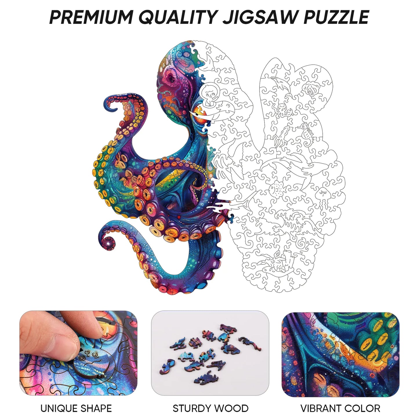 Octopus III wooden puzzle with laser-cut wood pieces