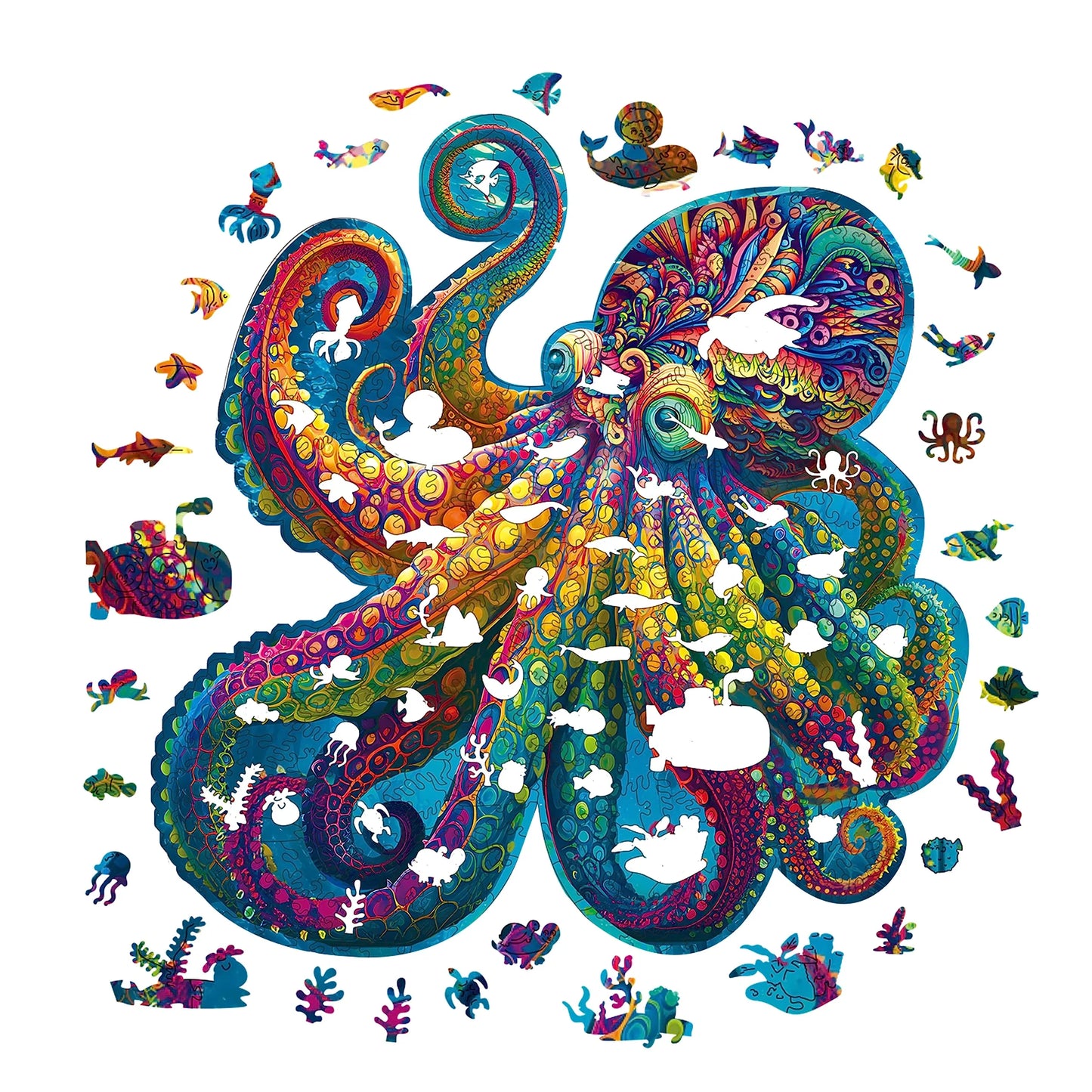 Octopus wooden puzzle with laser-cut wood pieces