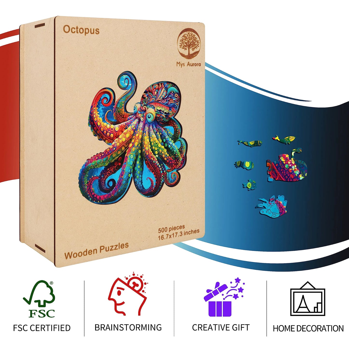 Octopus design wooden jigsaw puzzle for adults