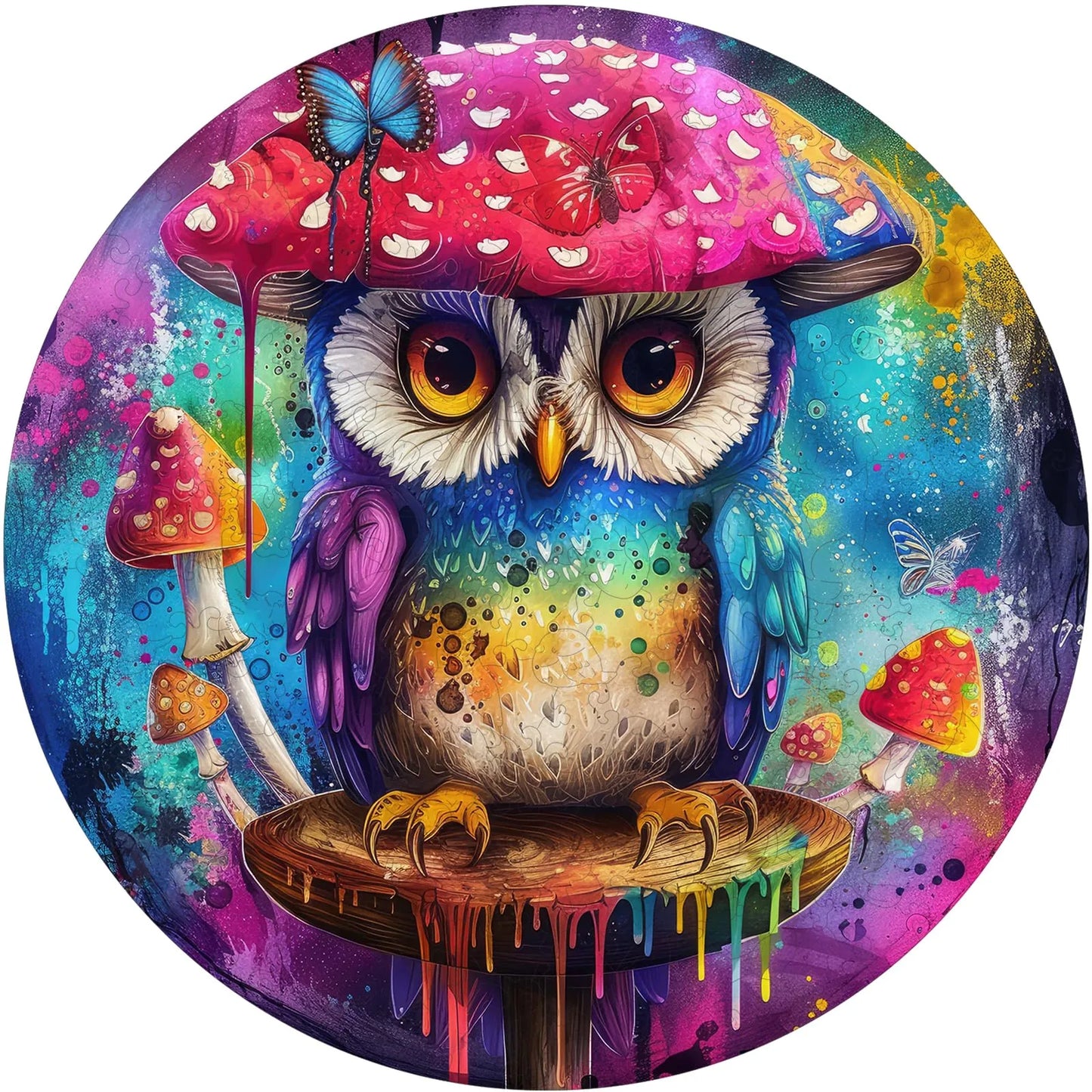 Owl mushroom wooden jigsaw puzzle for adults with unique shaped pieces