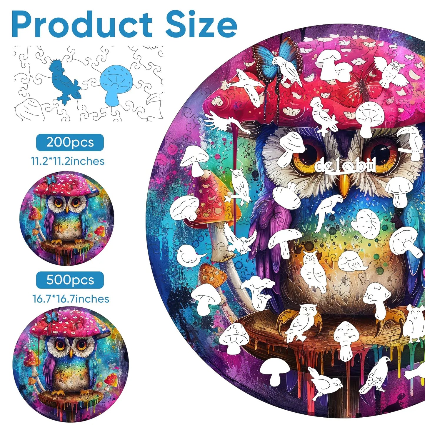 Whimsical wooden jigsaw puzzle – owl mushroom design