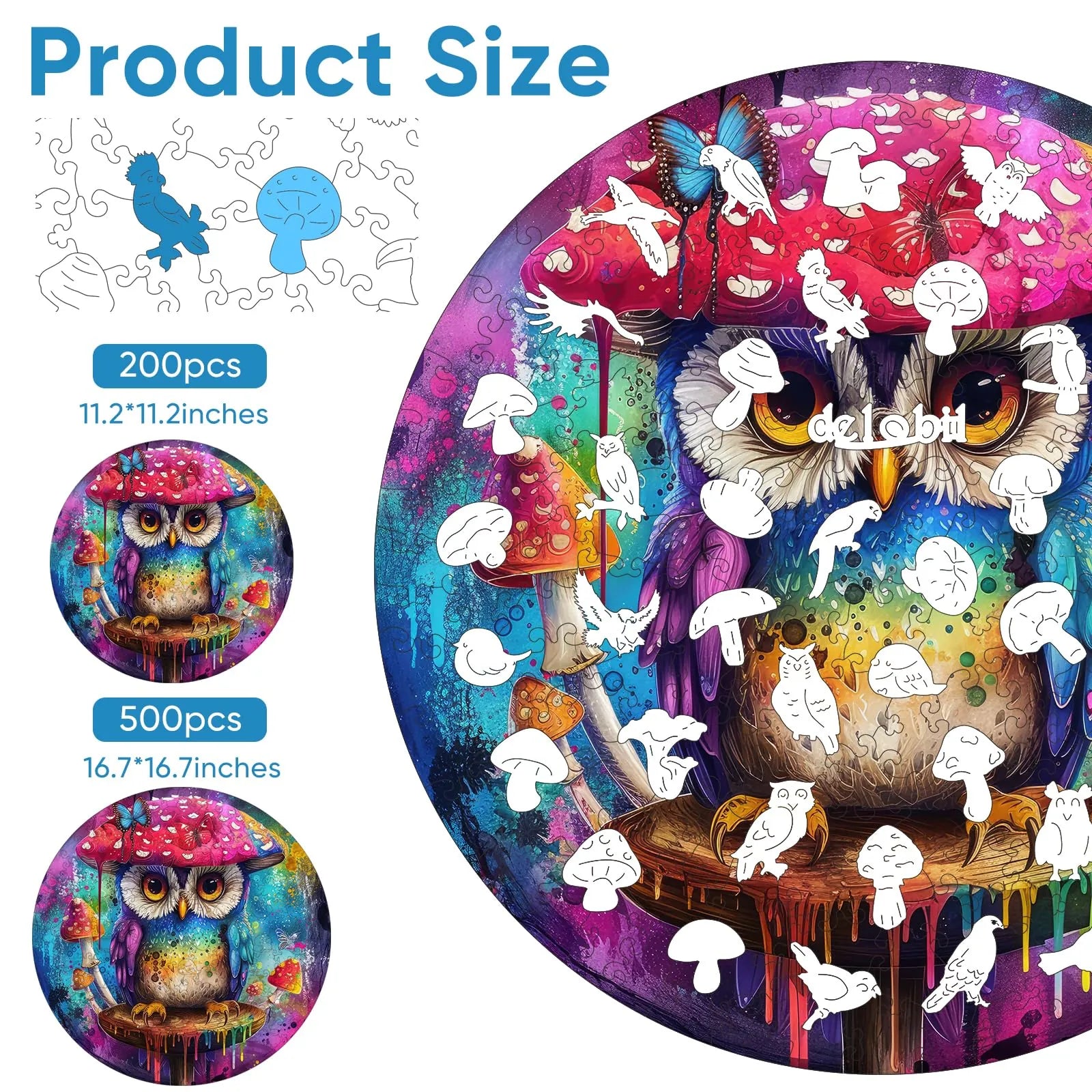 Whimsical wooden jigsaw puzzle – owl mushroom design