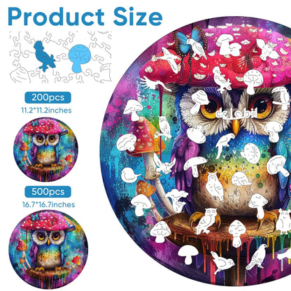 Whimsical wooden jigsaw puzzle – owl mushroom design