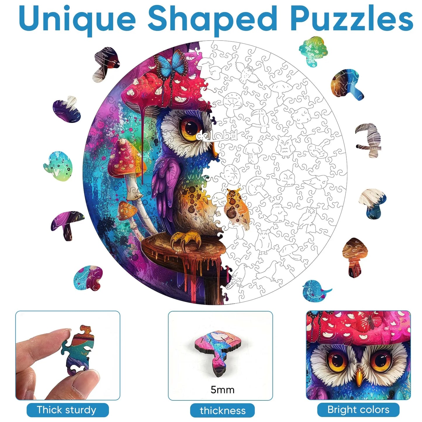 Owl mushroom design wooden jigsaw puzzle for adults