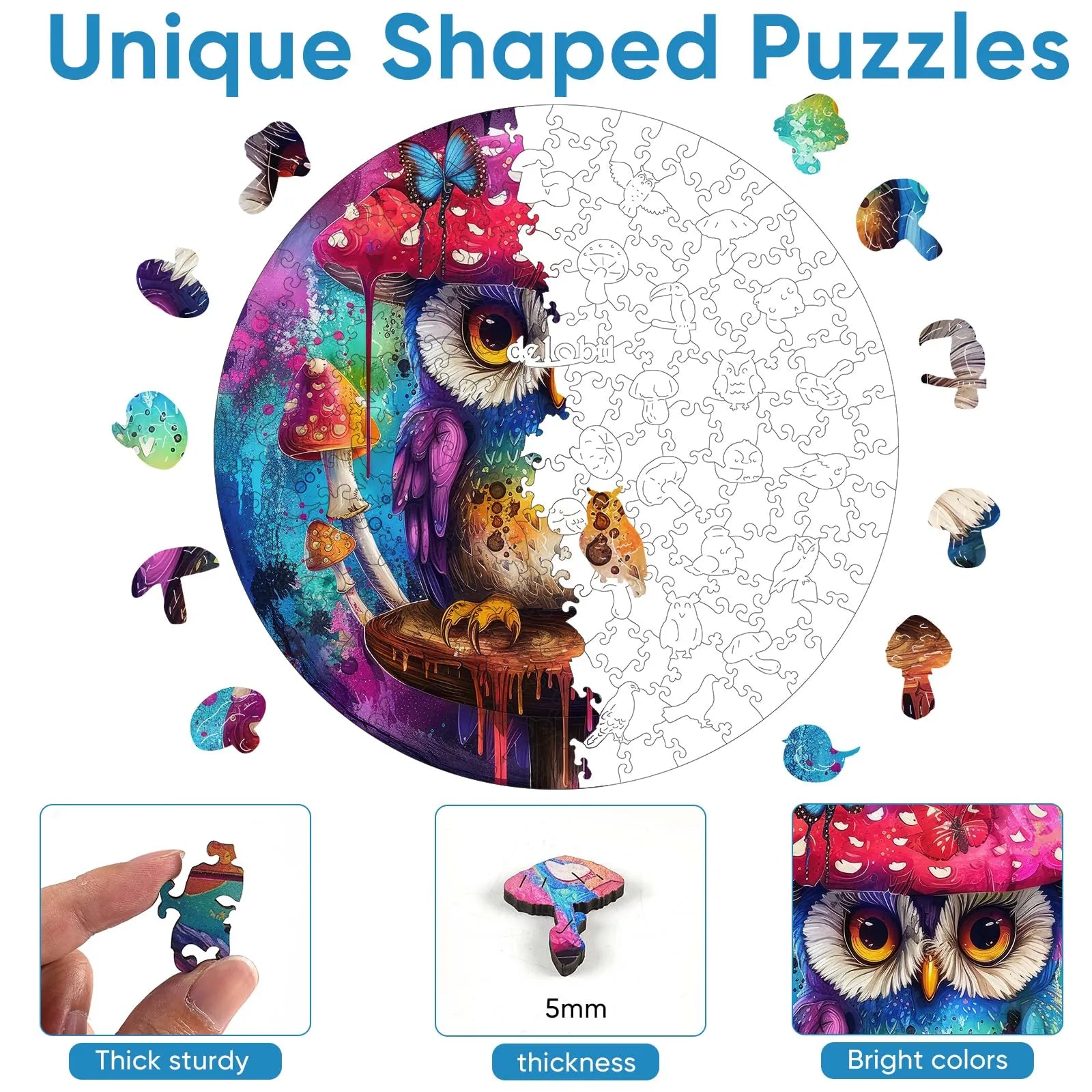 Owl mushroom design wooden jigsaw puzzle for adults